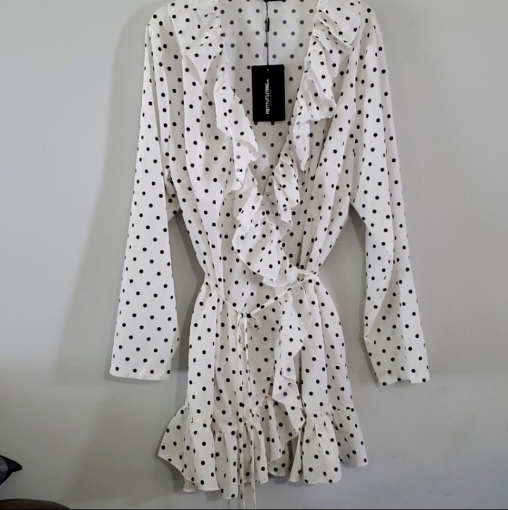 Pretty Little Thing White ruffle polka dot blouse